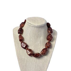 Chunky Plastic Bead Necklace Brown Goldtone Speckled 16 - 19 inches Long